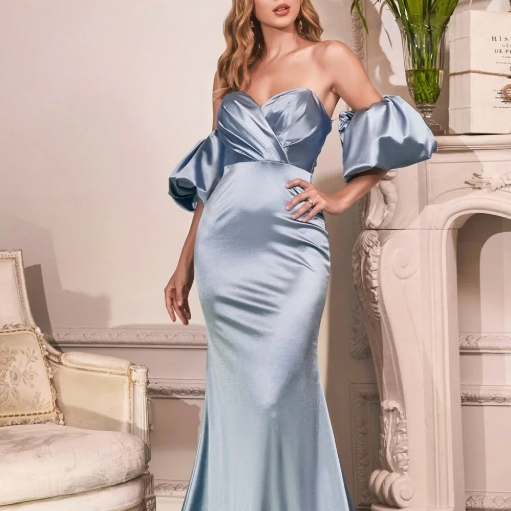 PARIS BLUE COLOR PROM PARTY FORMAL EVENING SATIN GOWN WITH PUFF SLEEVE Cd983